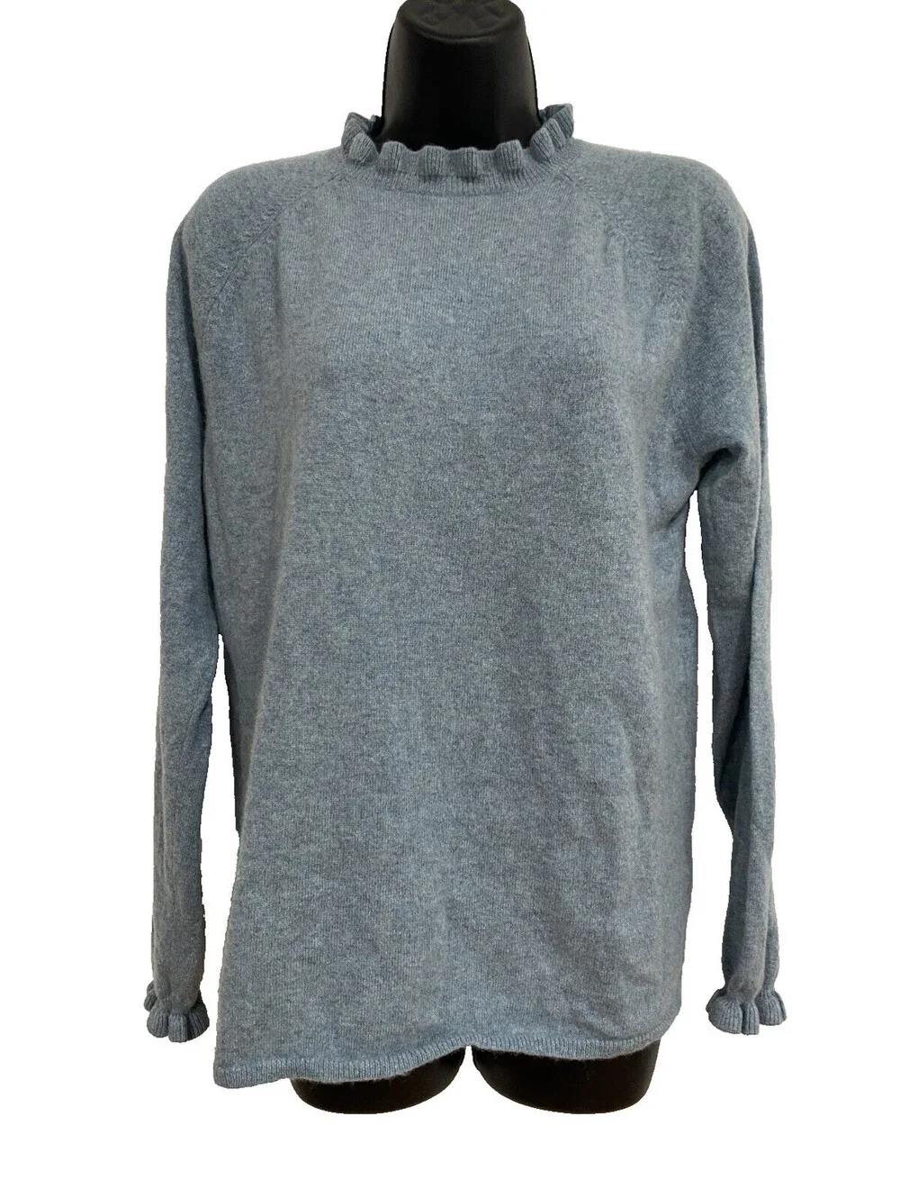 Garnet Hill Size L Blue 100% Cashmere Sweater Ruffle Mock Neck Cozy Classic